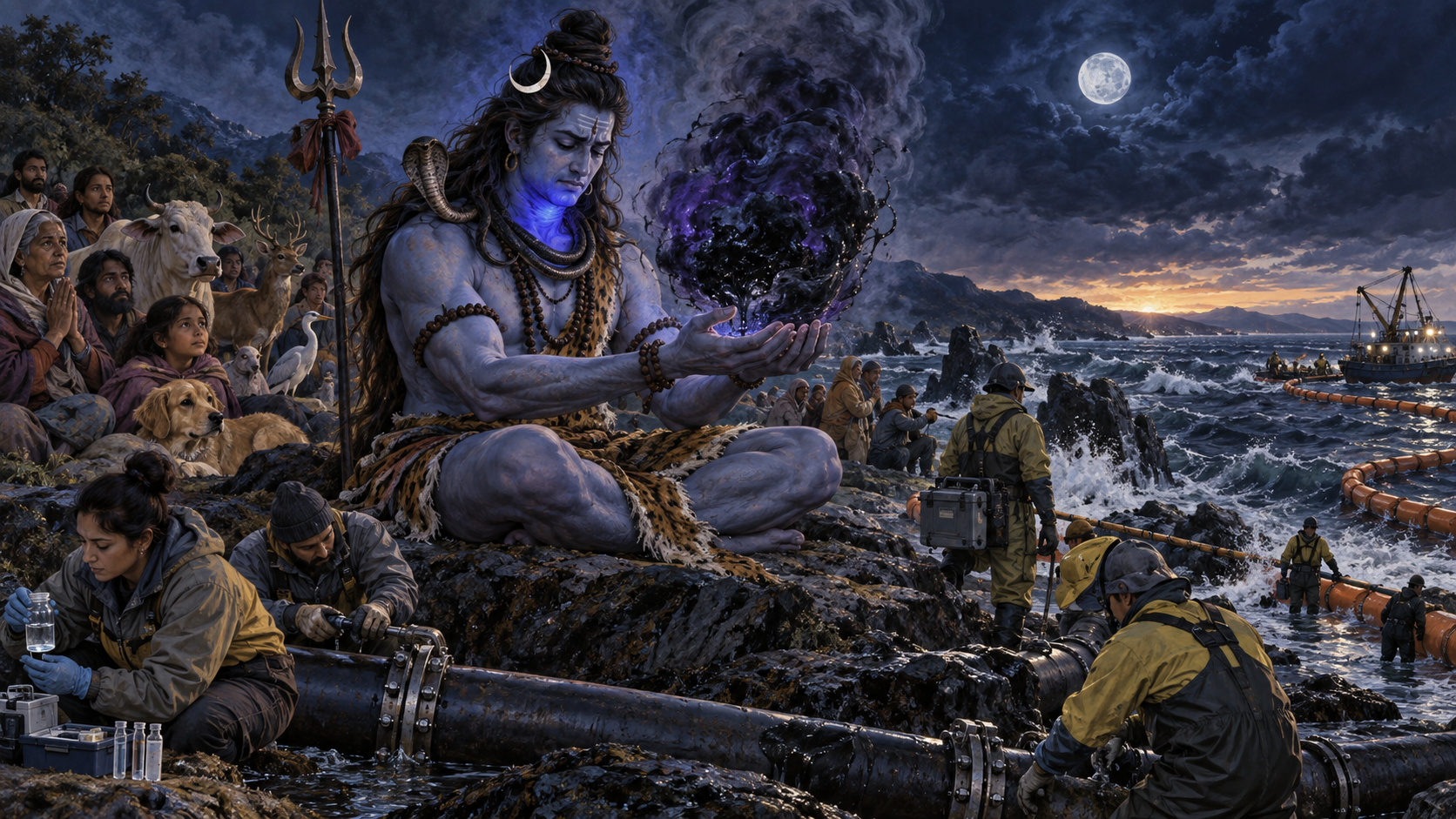 Shiva holds a dark sphere of poison near his blue-lit throat while workers seal pipes and test water inside a protective circle around people, animals, and a shoreline.