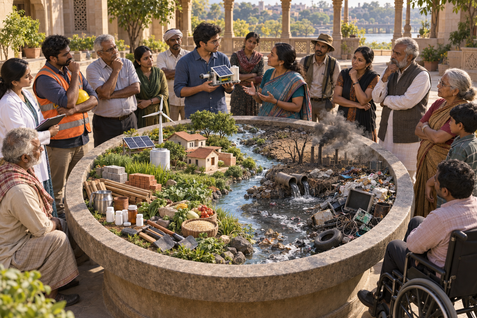 Residents, workers, scientists, farmers, and elders examine useful products and environmental damage arranged together in a circular stone basin as an engineer listens to a riverside resident.