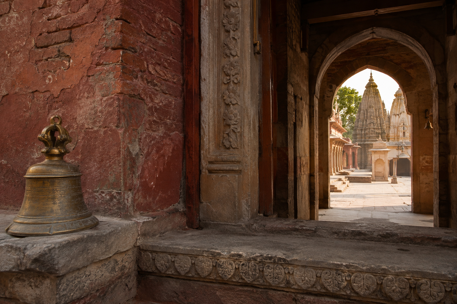 Weathered stone, repaired red plaster, and a brass bell frame a view into the temple courtyard.
