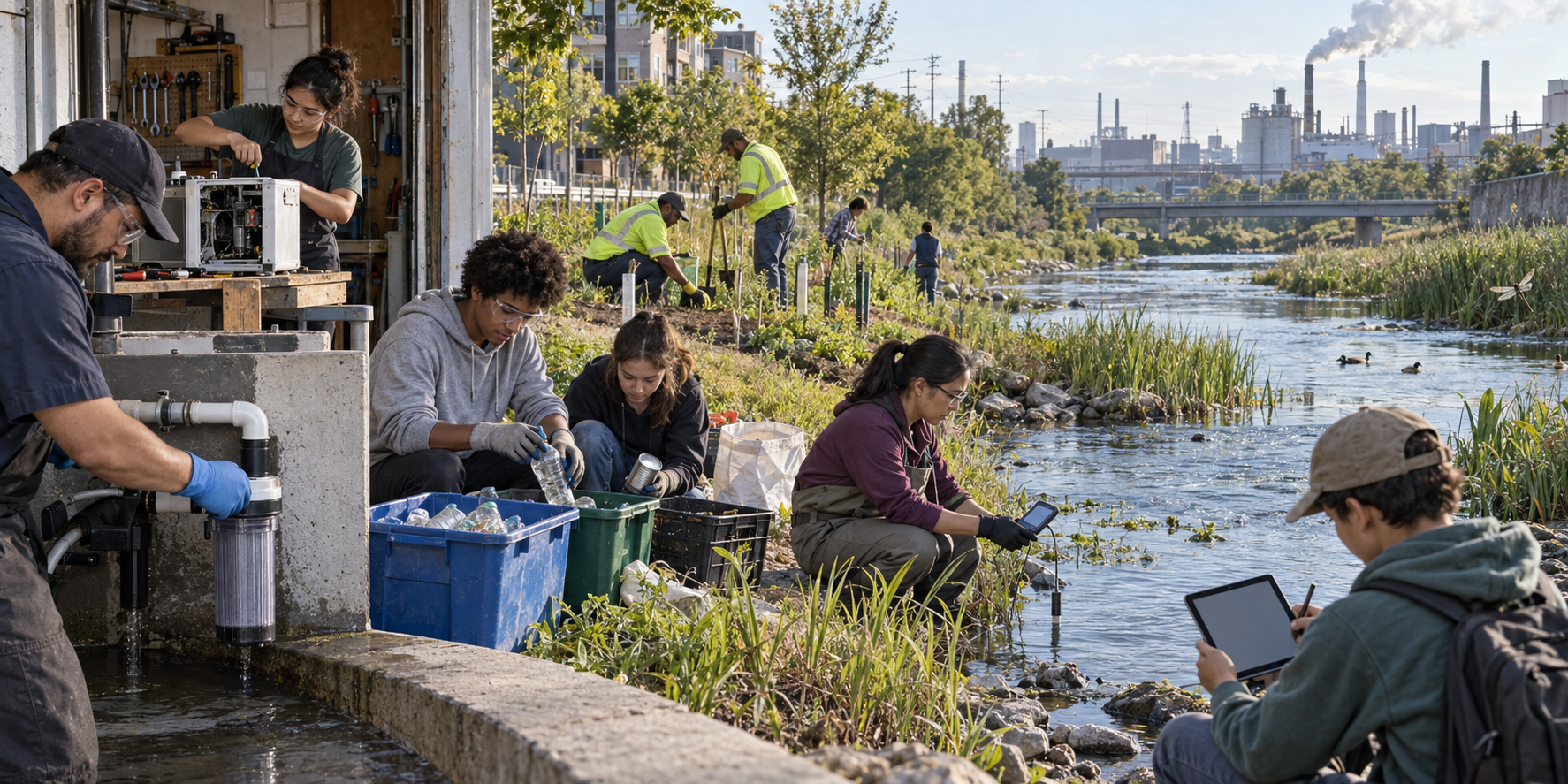 Residents and municipal workers install a drain filter, test river water, repair appliances, sort materials, and plant reeds while industrial buildings remain visible upstream.