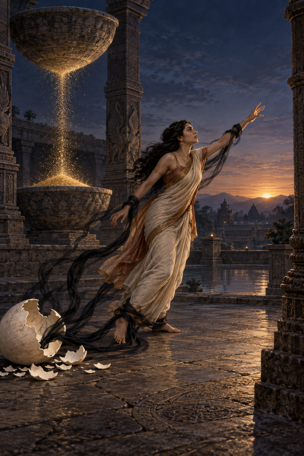Vinata reaches toward a distant light while dark ribbon-like shadows from a broken shell coil around her wrists and ankles.