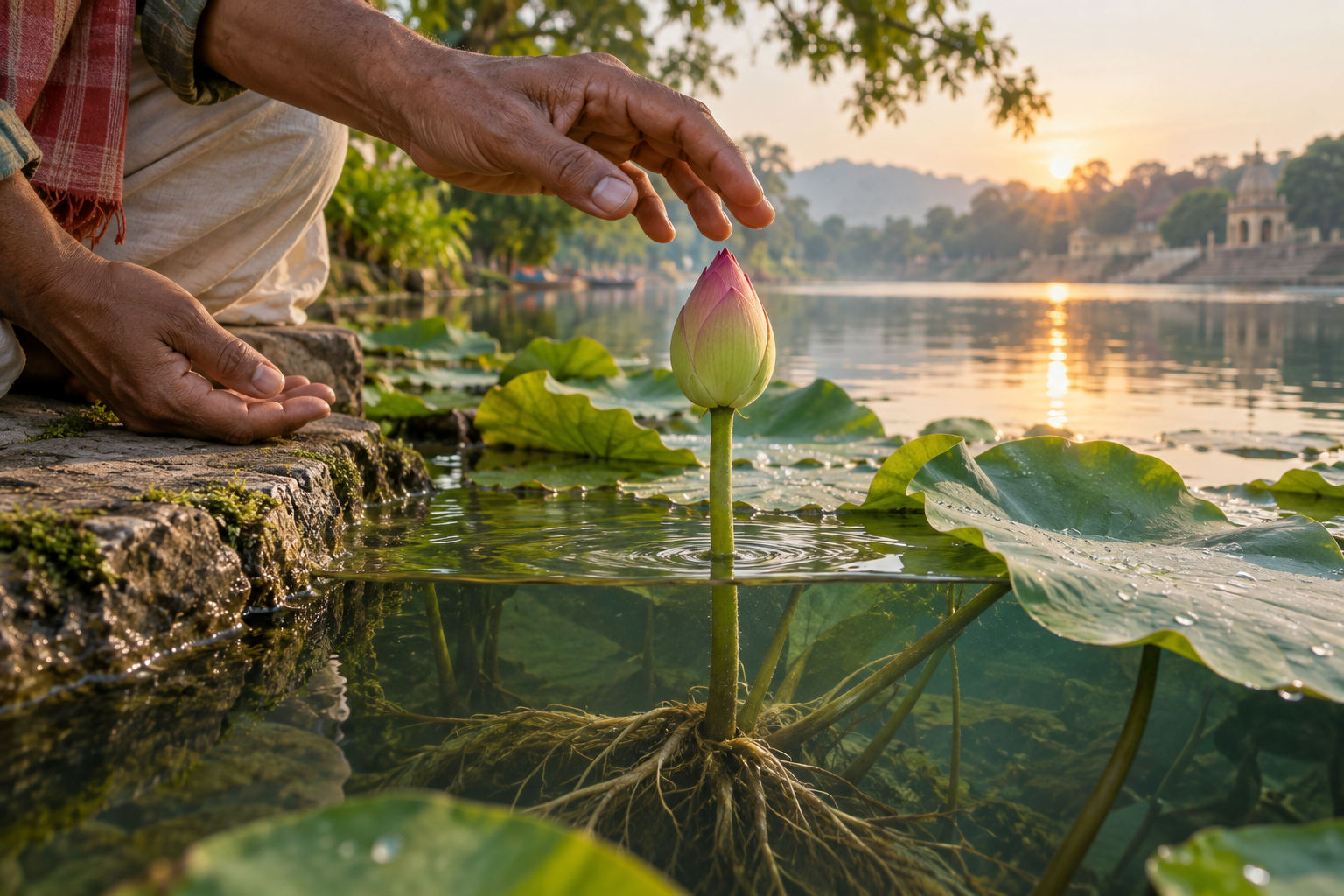 A hand pauses above a closed lotus bud whose healthy roots, upright stem, and emerging sunlight suggest that growth should not be forced.