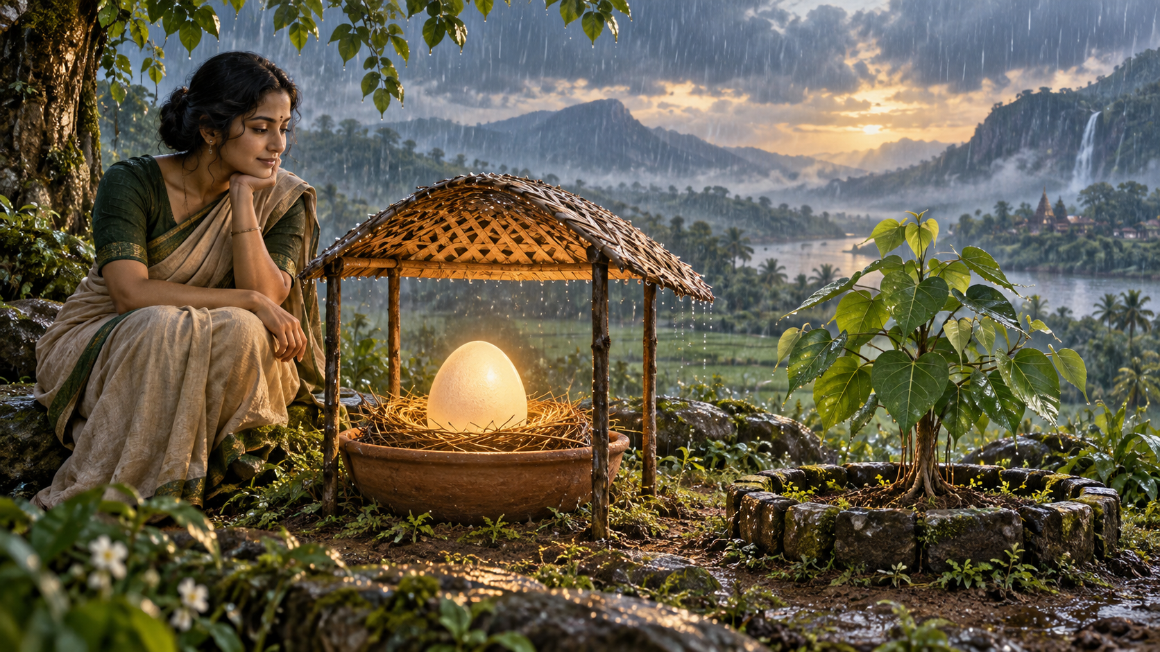 A woman calmly protects an unbroken glowing egg from monsoon rain beneath a woven canopy as a young banyan sapling grows nearby.