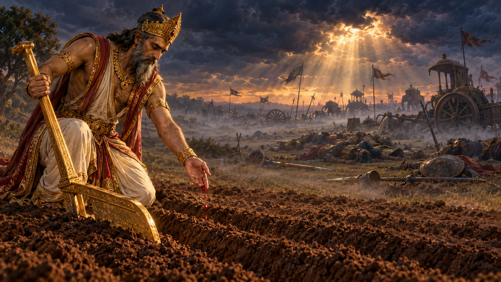 King Kuru kneels beside a golden plough and offers drops of blood to the earth while fallen warriors and broken chariots appear beneath distant rays of light on Kurukshetra.