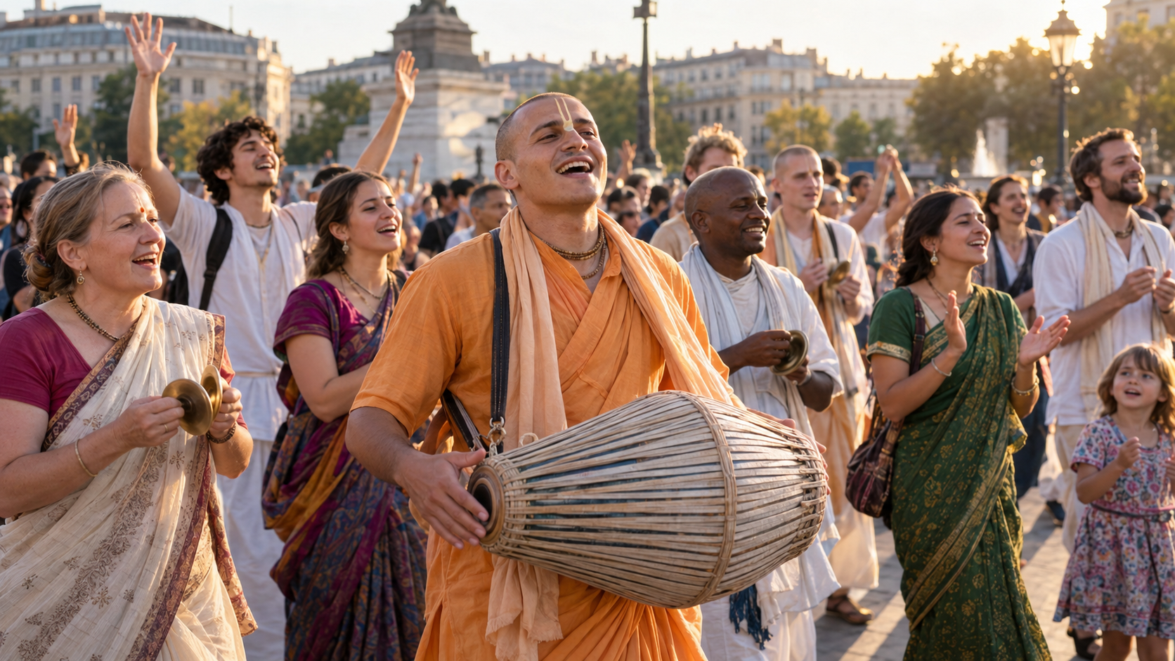 A diverse group sings, drums, claps and walks together during a public Hare Krishna kirtan in a city square.