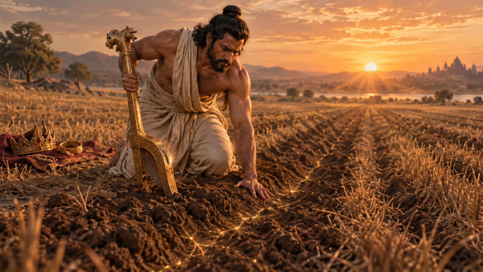 King Kuru works a golden plough at dawn as a small trace of blood enters the furrow and golden light spreads through the surrounding earth.