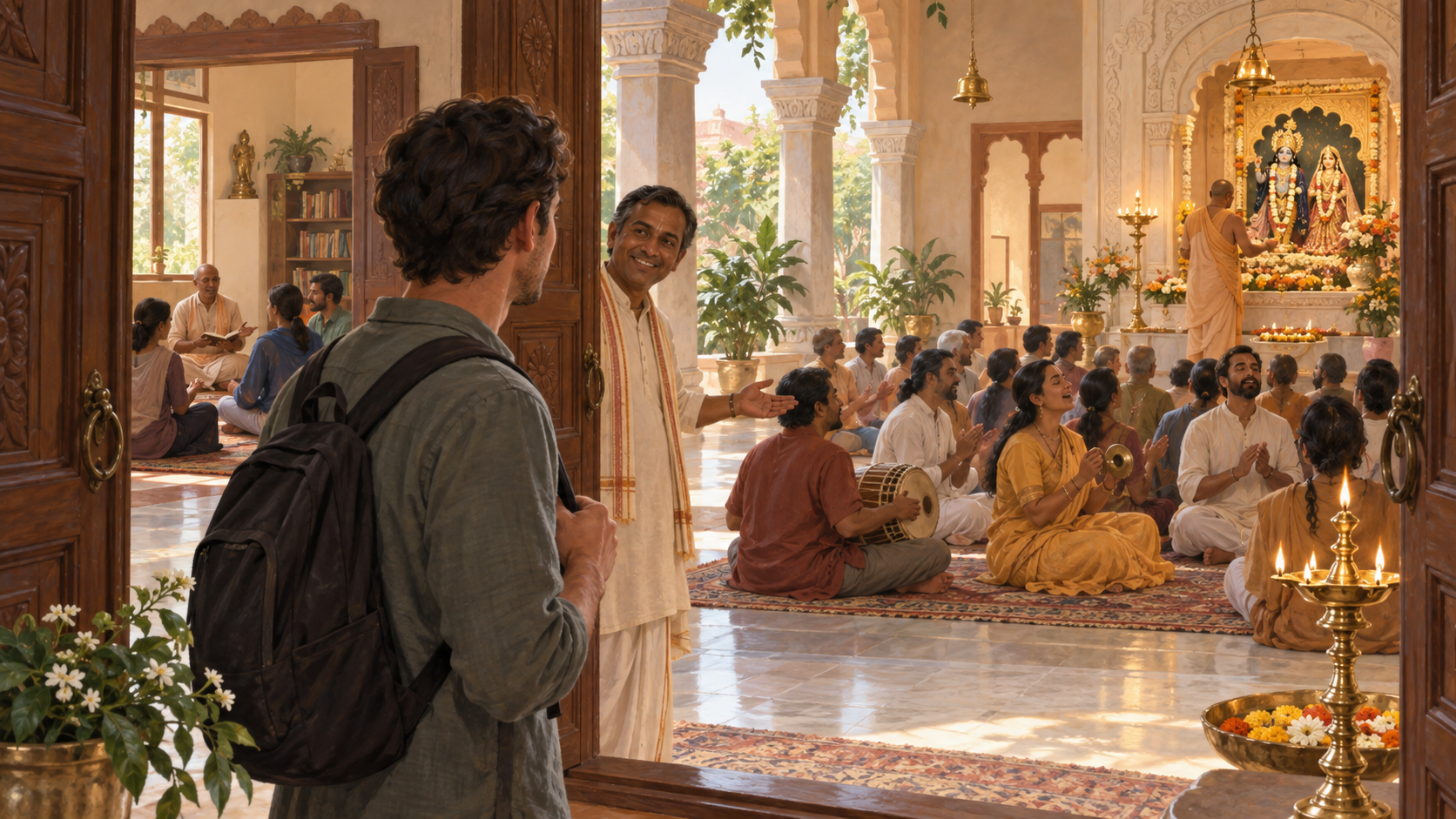 A visitor observes a scripture discussion, congregational singing and a devotional ceremony inside a Hindu devotional center.