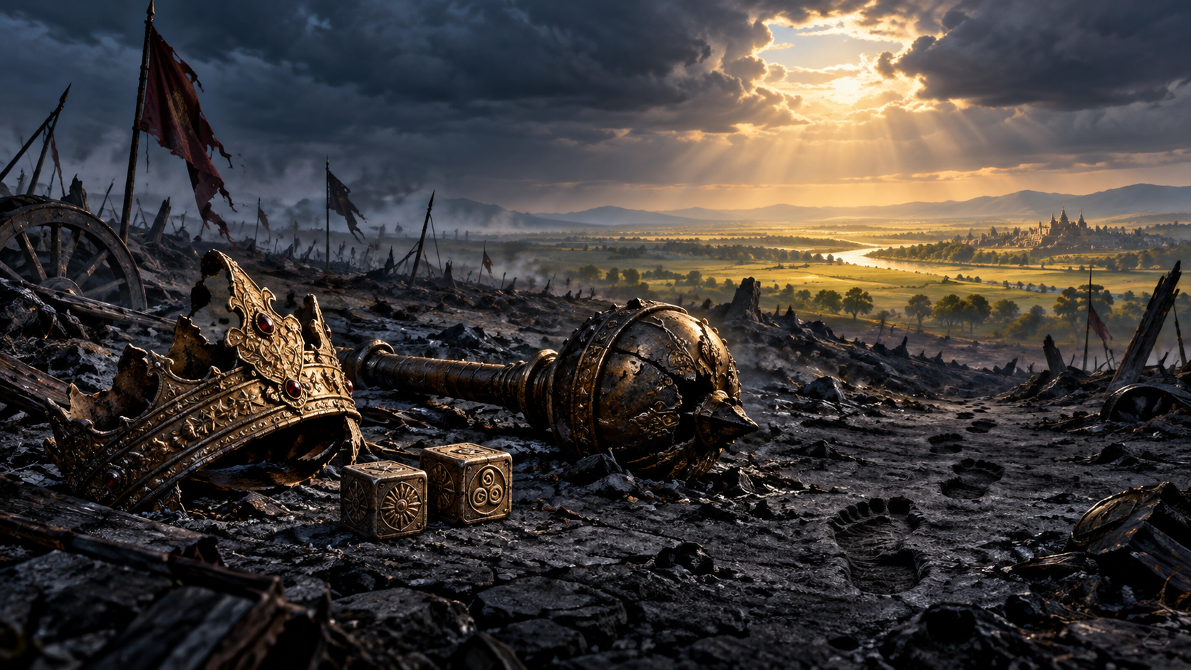 An abandoned crown, broken mace, gaming dice, dark footprints, a glowing ancestral field, and an opening in the clouds form four layers across a battlefield landscape.
