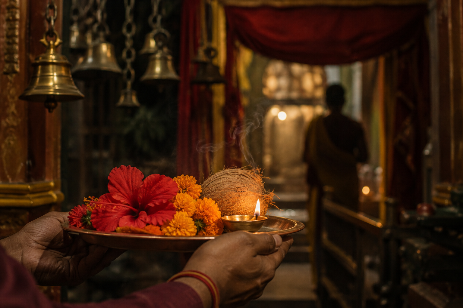 A pilgrim offers flowers, coconut, and a lit brass lamp near a red-draped temple sanctum.