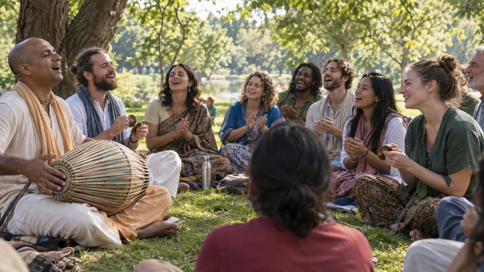 A kirtan leader sings with a drum as a semicircle of people responds, claps and welcomes a newcomer in a public park.