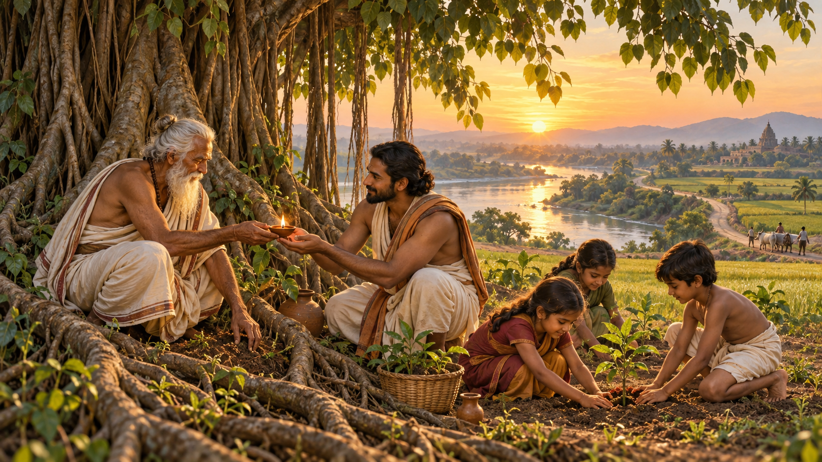 An elder passes a clay lamp to a younger adult as children plant saplings beneath a large banyan tree at sunrise.