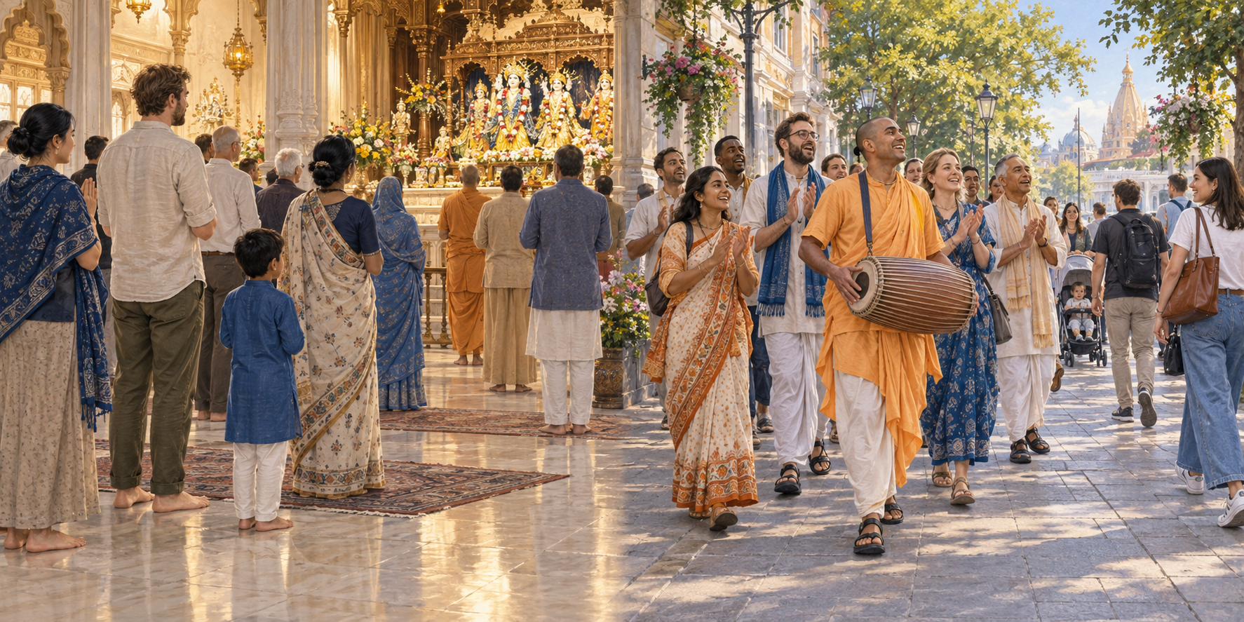 Visitors participate respectfully in a temple hall on one side and in an orderly street kirtan on the other.