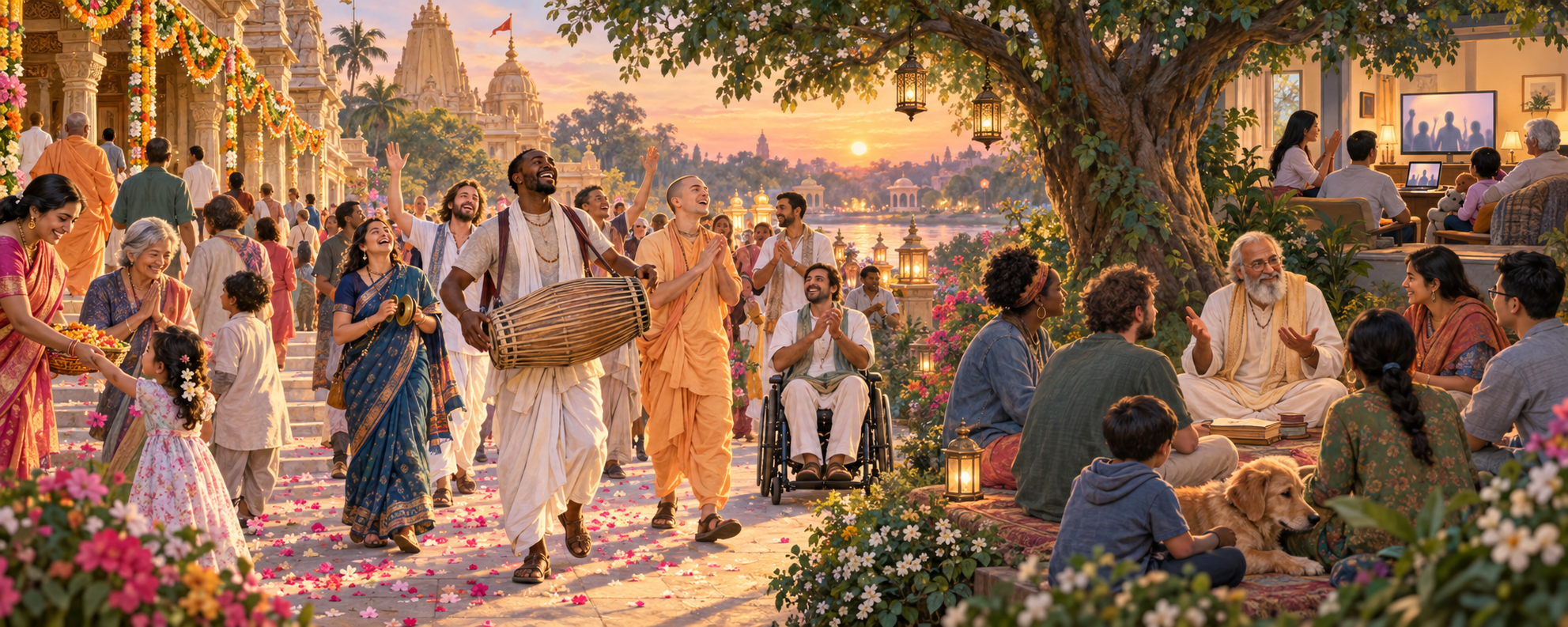People take part in a temple festival, walking kirtan, scripture discussion and online devotional gathering across a panoramic scene.