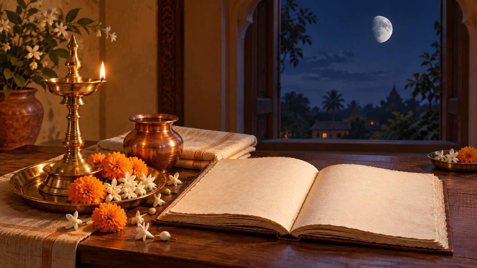 Brass oil lamp, copper vessel, flowers, and a blank almanac beside a window under a waning gibbous moon.