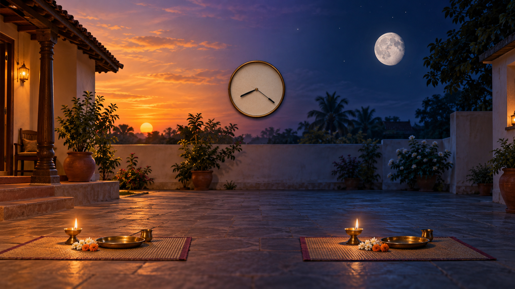 A prayer setting changes from warm evening light to deep night beside a numeral-free clock and a rising waning moon.