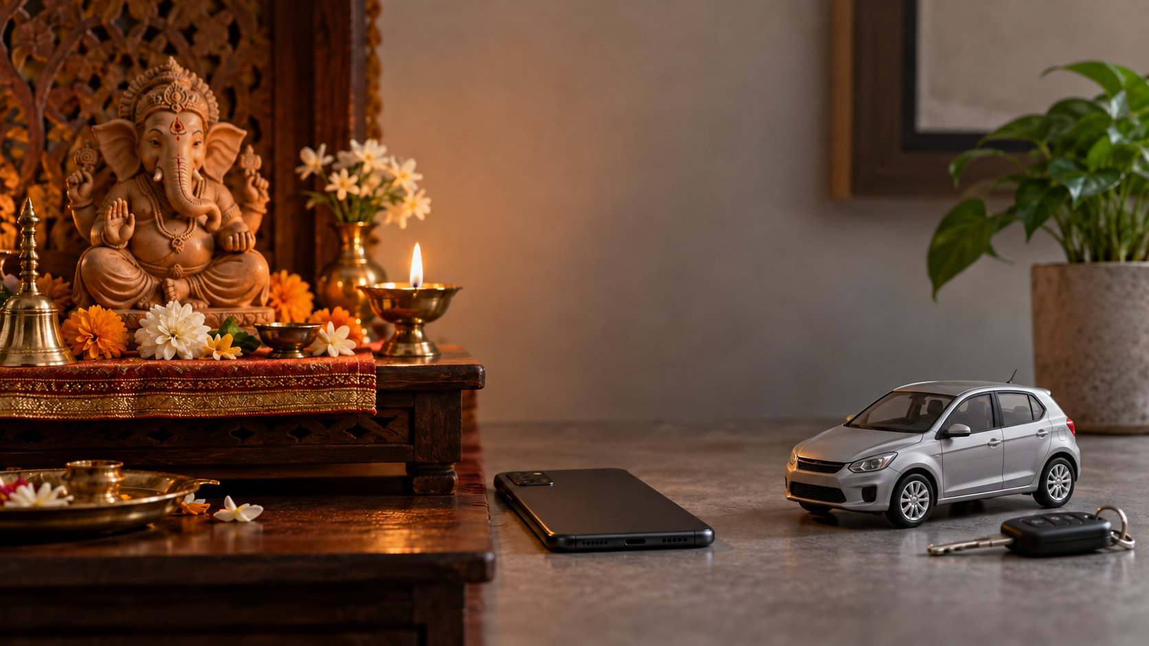 A clay Ganesh murti on a flower-decorated altar beside a separate unbranded miniature car, car keys, and a face-down smartphone.