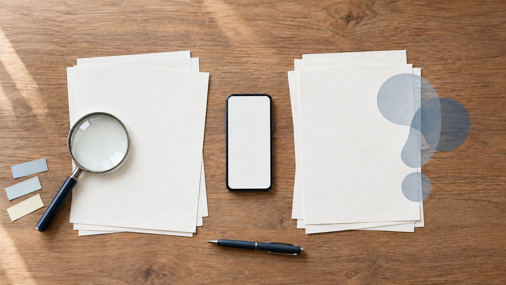 Blank documents separated into two groups on a desk with a magnifying glass, abstract question shapes, a pen, and a smartphone.