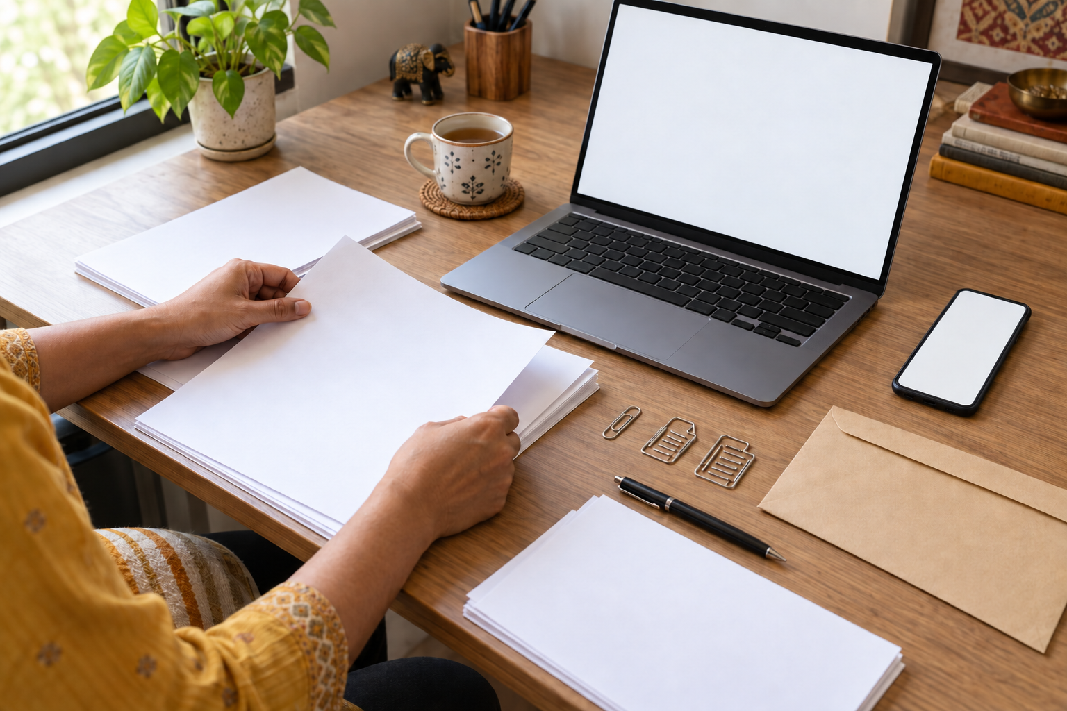 A person organizes blank printouts beside a smartphone, laptop, pen, envelope, and paper clips at a home-office desk.