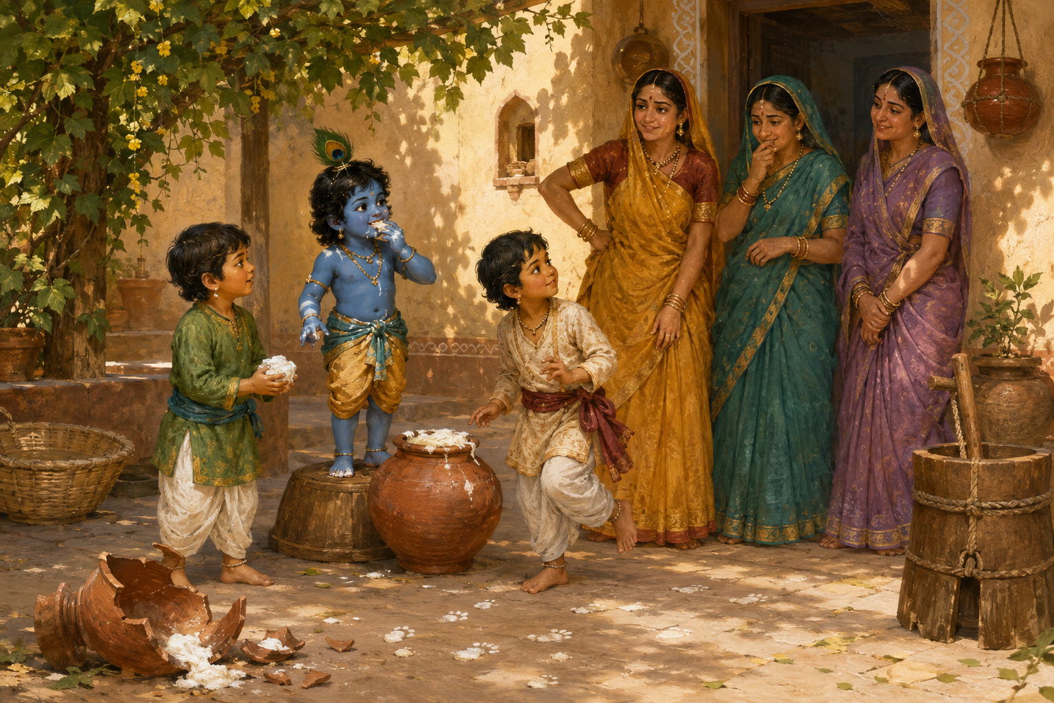 Child Krishna and two companions stand beside an open butter pot as three village women discover them in a courtyard.