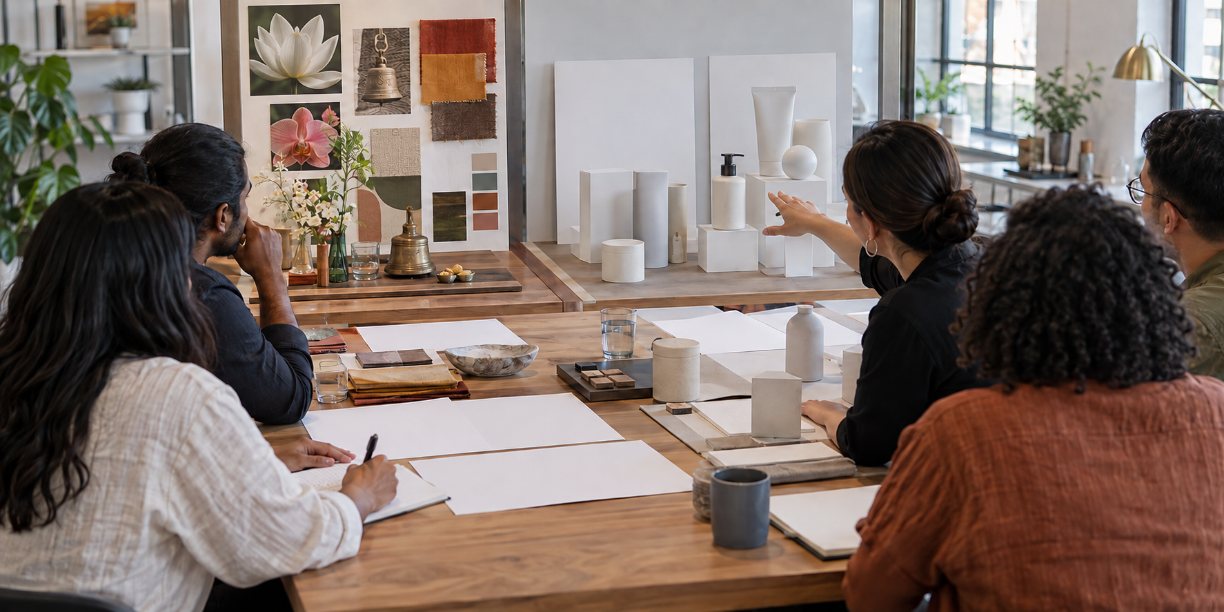 A creative team reviews blank advertising mockups and cultural reference objects arranged separately on a studio table.