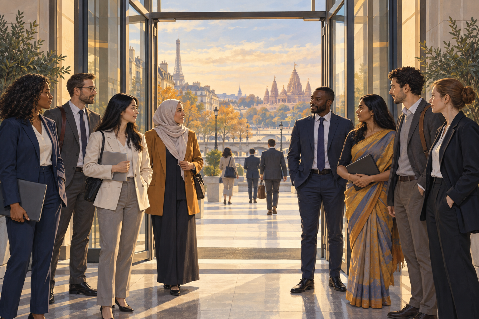 Women and men stand together at the open entrance of a modern Paris workplace, with a Hindu spiritual complex and the city skyline in the distance.