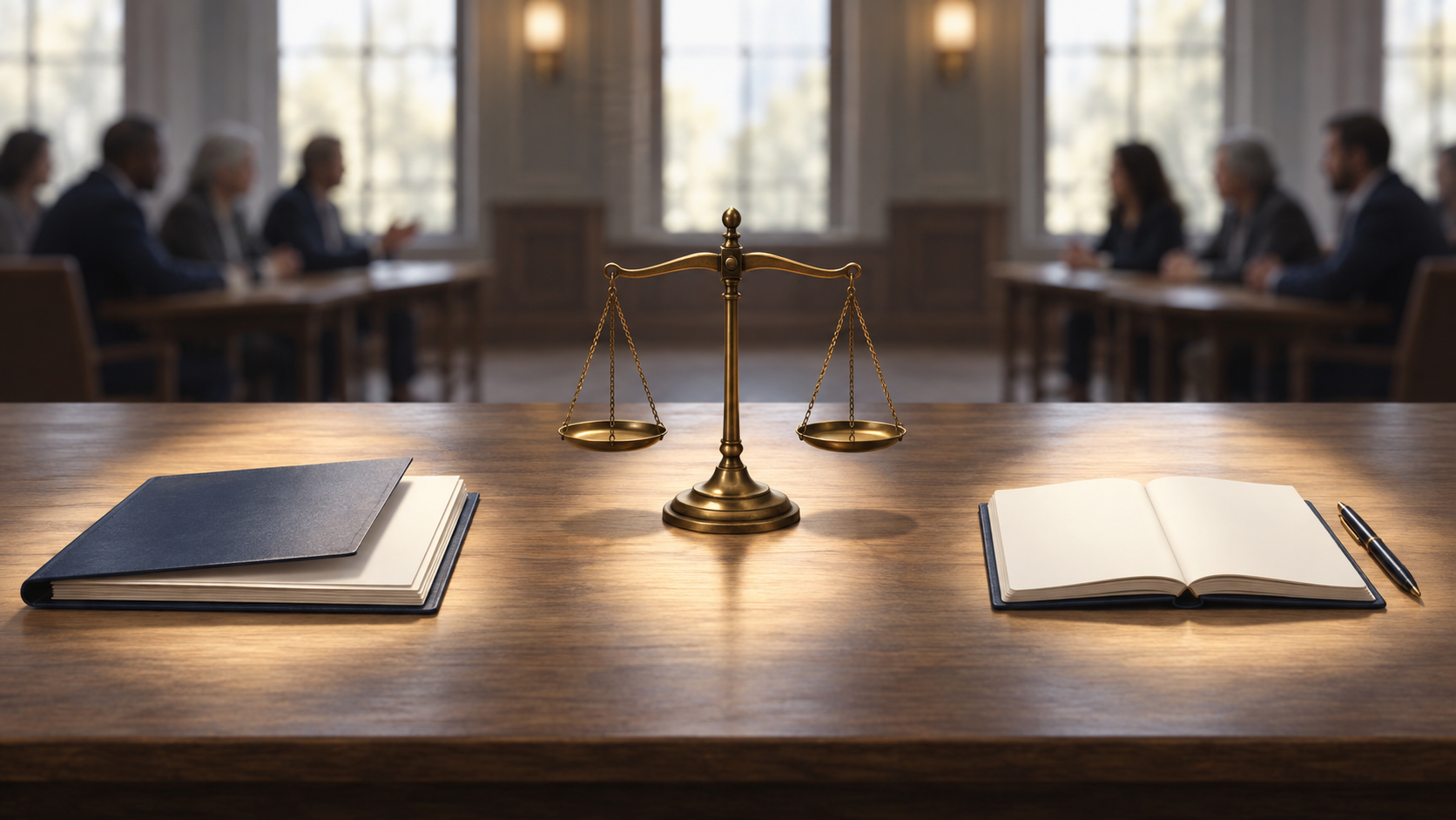 Documents, balanced brass scales, and a blank notebook sit in separate pools of light on a table, with two blurred groups in a meeting room behind them.