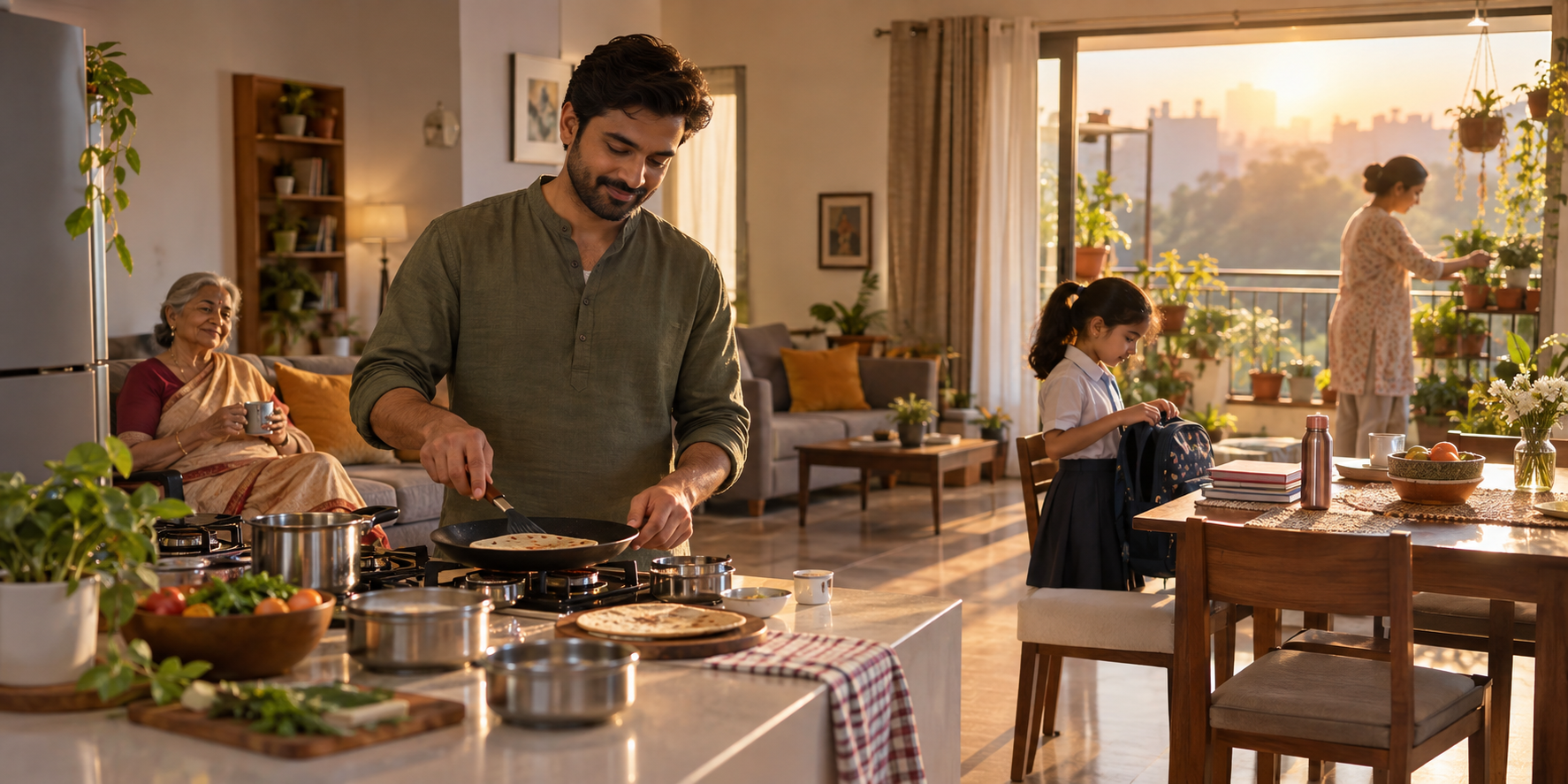 A householder calmly prepares breakfast at dawn while a spouse, child, and elderly parent continue their morning routines in a family home.