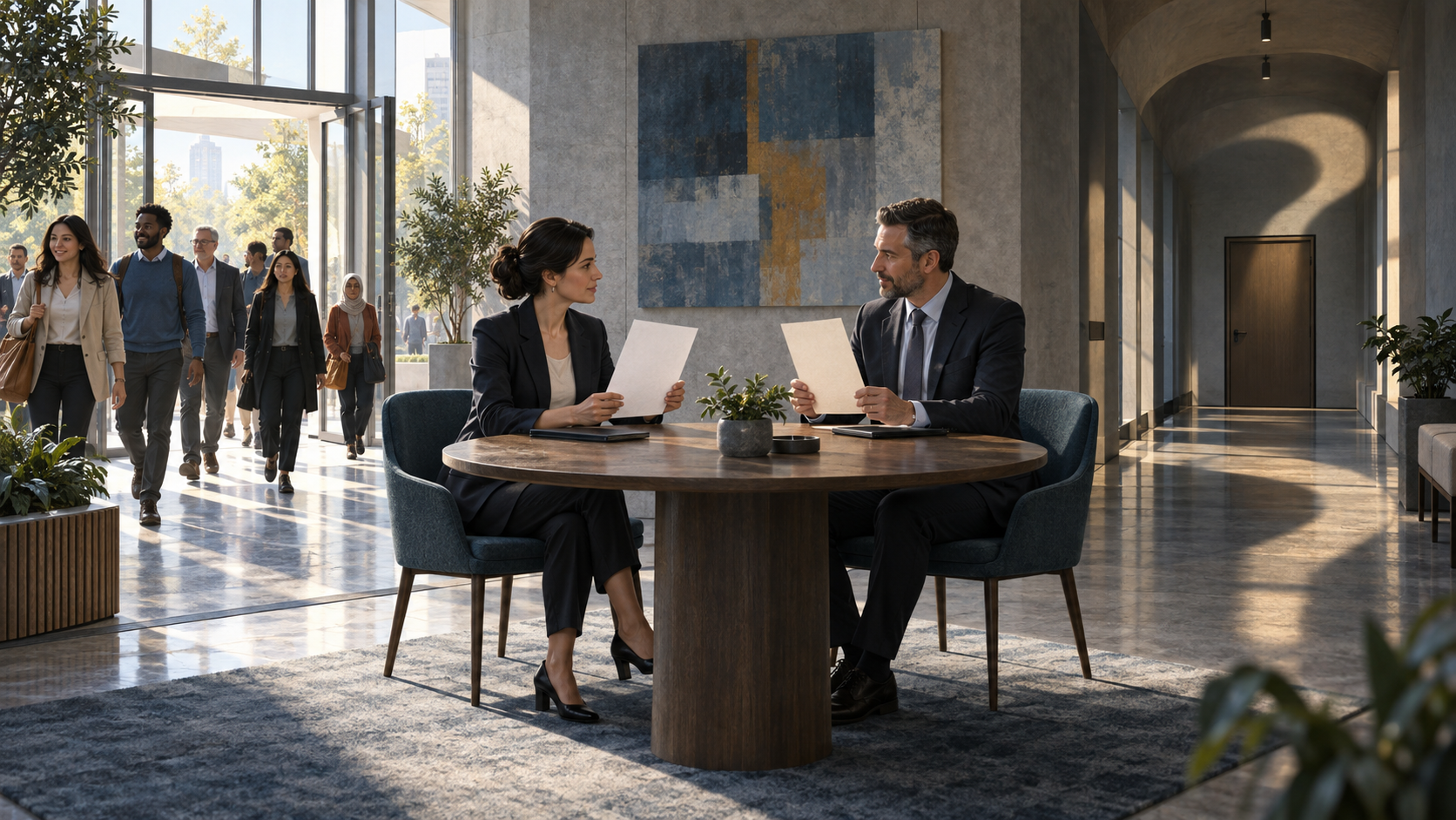 A three-part editorial scene shows an open workplace entrance, two representatives discussing blank documents, and an empty corridor ending at an unmarked closed door.