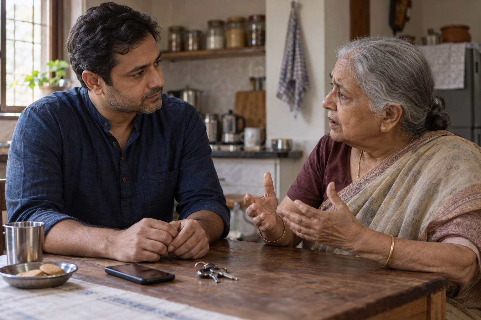 An adult listens to an elderly parent at a kitchen table, with open hands resting beside household keys and a phone.