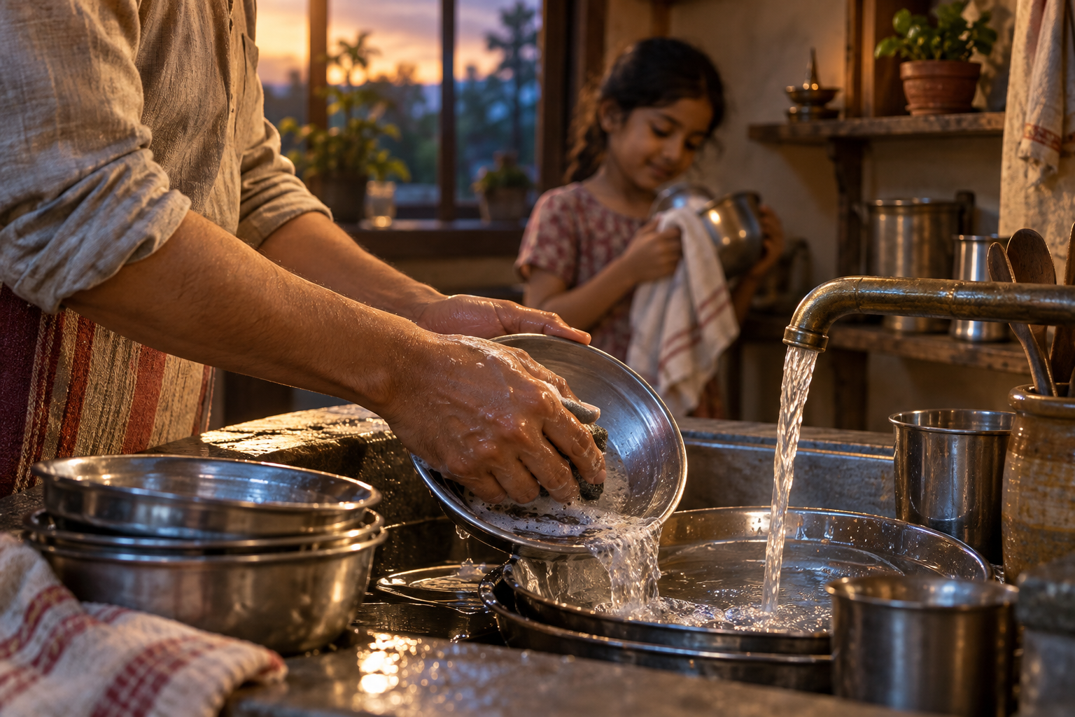 A householder mindfully washes metal dishes while a child dries a bowl in a softly lit kitchen.