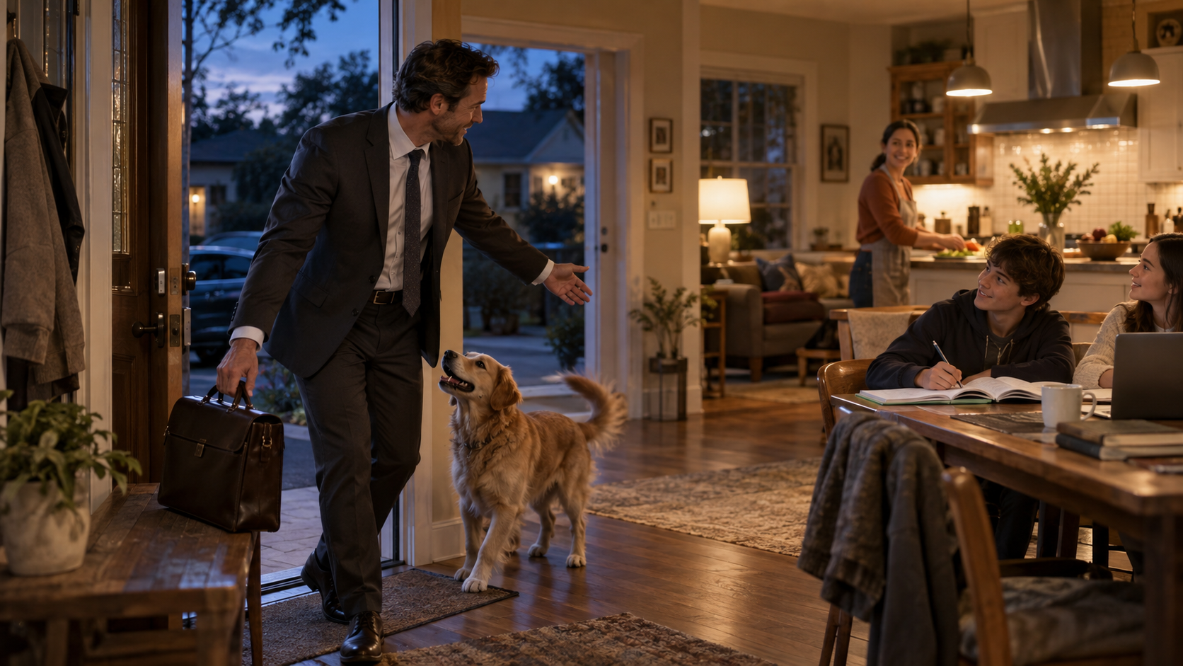 A householder sets down a work bag at the doorway and reaches toward family members gathered inside a warmly lit home.