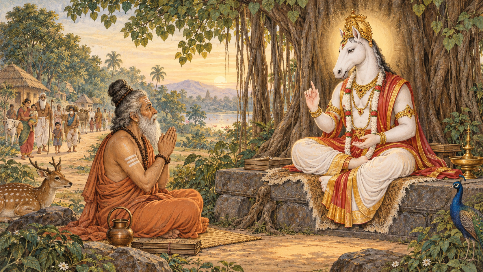 Sage Agastya sits with folded hands before the horse-headed deity Hayagriva in a forest hermitage, with people visible on a distant path behind him.