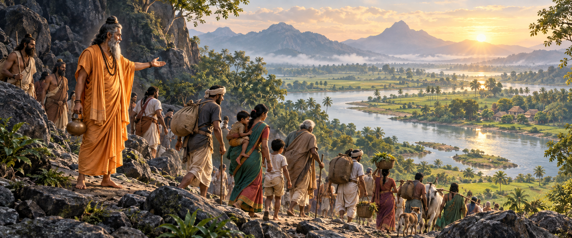 Sage Agastya gestures toward families, elders, ascetics, farmers, and travelers moving from a rocky path into a sunlit river valley.
