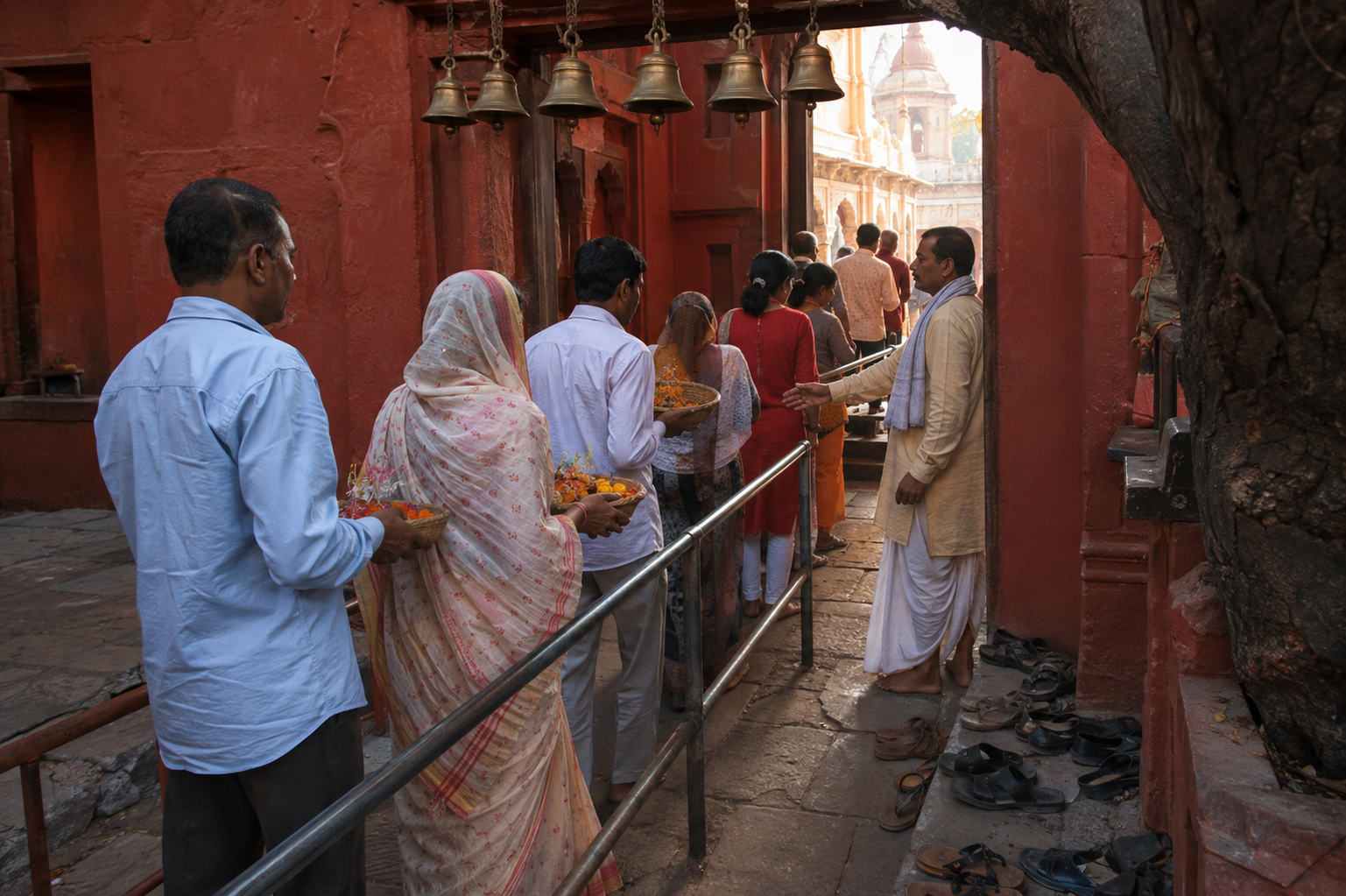 Pilgrims carrying flower offerings wait in an orderly line along a red temple courtyard passage.