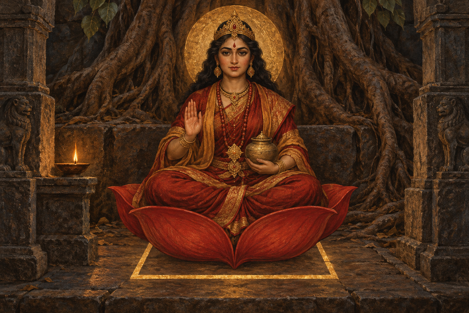 Symbolic illustration of Shakini Devi seated on a red four-petaled lotus in a stone sanctuary surrounded by tree roots and warm golden light.