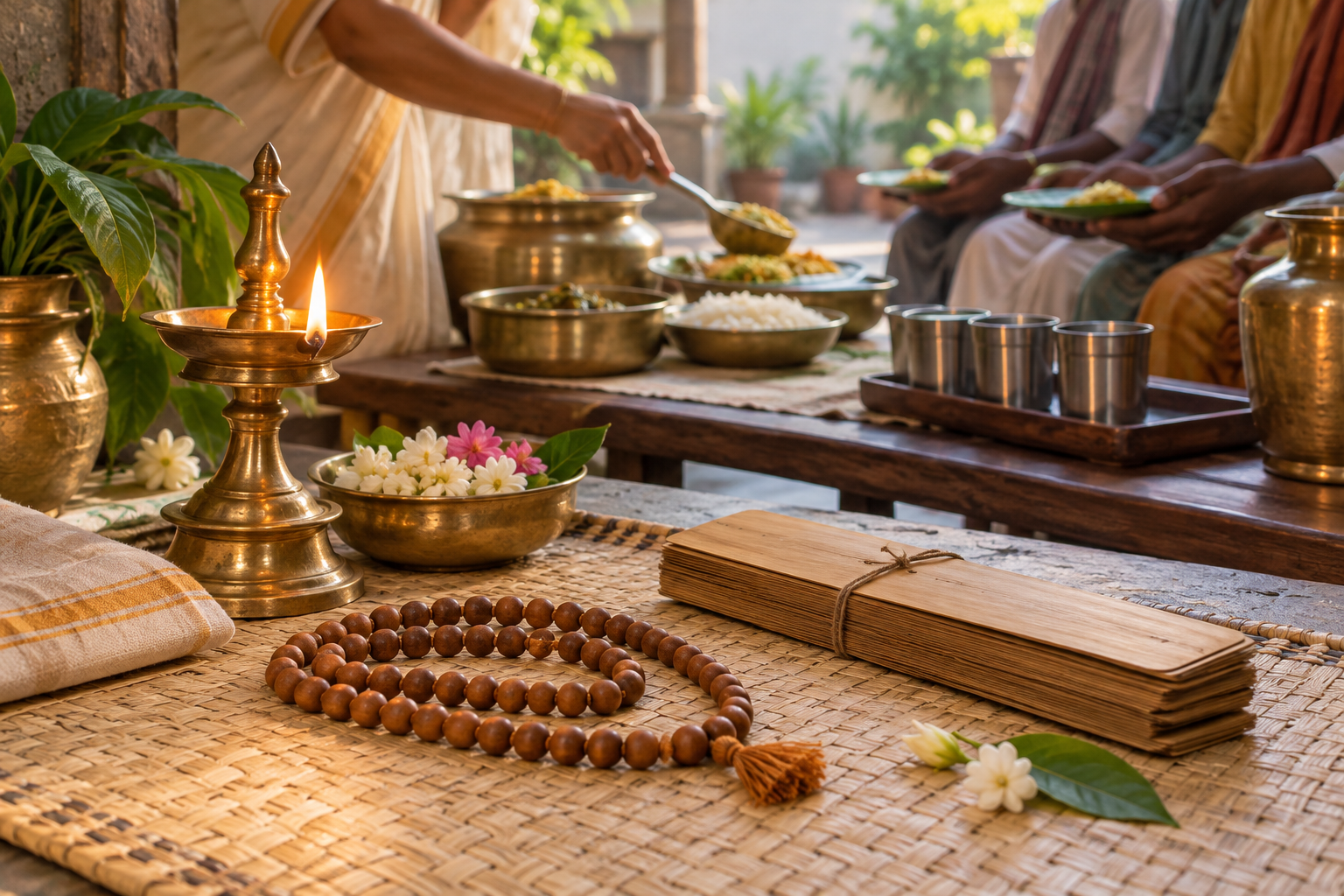 Prayer beads, a brass oil lamp, flowers, and blank palm leaves lie on a woven mat while hands prepare food and water for guests in the background.