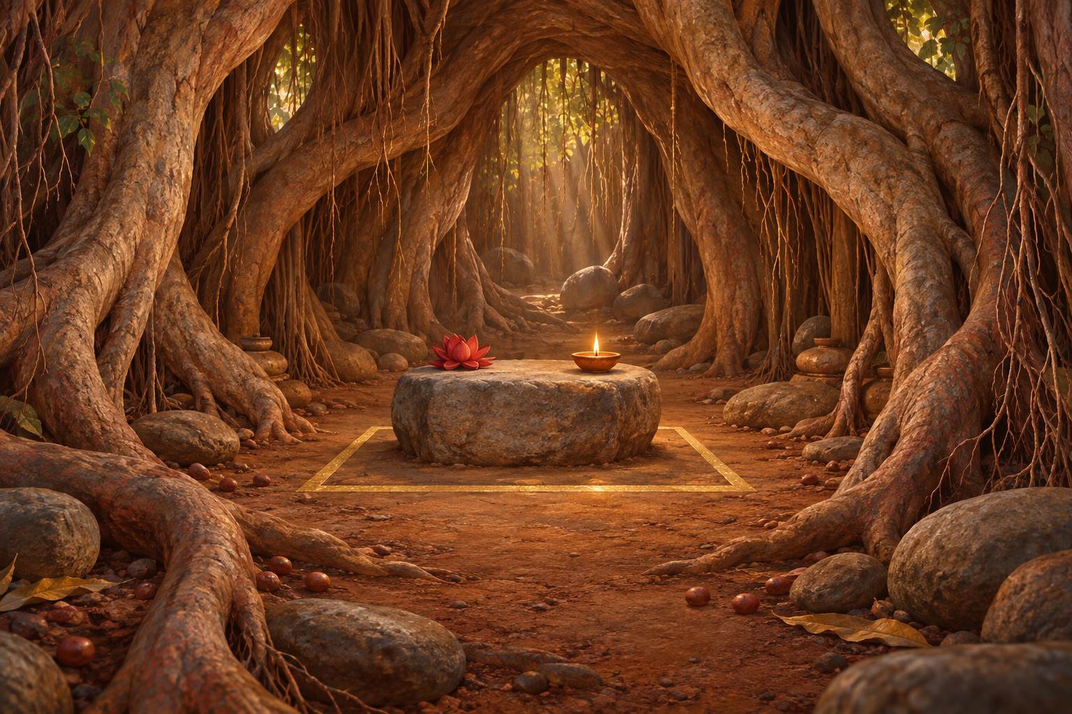 An earthen shrine beneath banyan roots with a stone seat, red lotus, golden floor square, and a steady clay lamp.