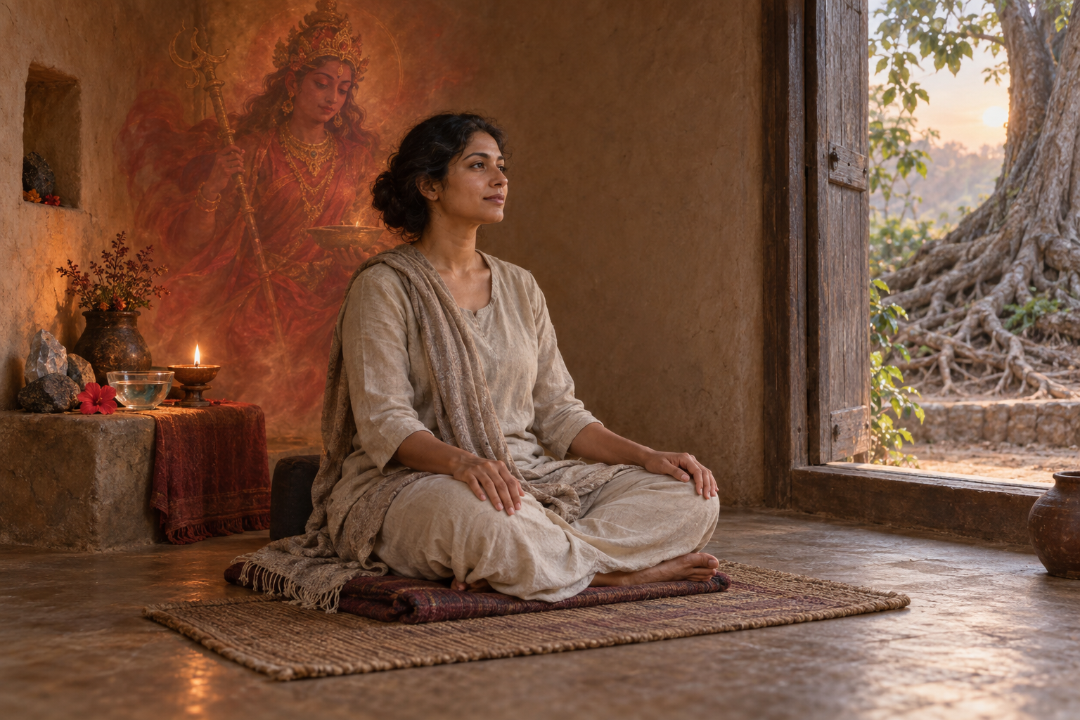 A seated practitioner meditates in an earthen room beside a small lamp and flower shrine, with a subtle red-gold sacred feminine presence behind them.