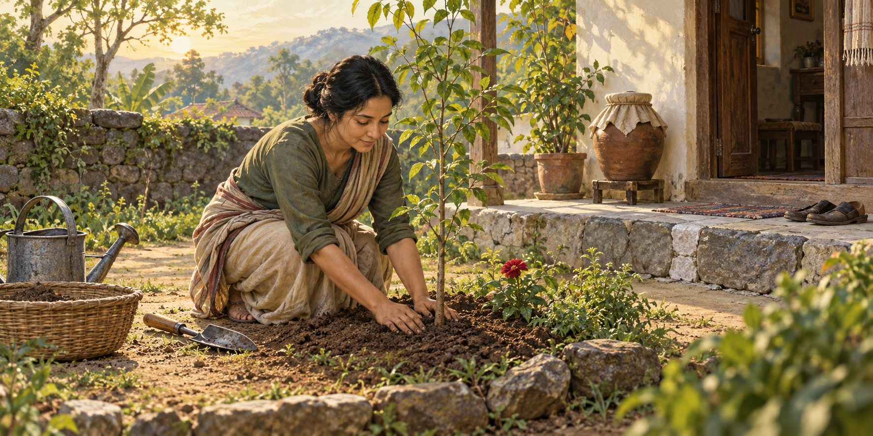 A calm person tends the soil around a young tree in a sunlit courtyard beside orderly tools and a water vessel.