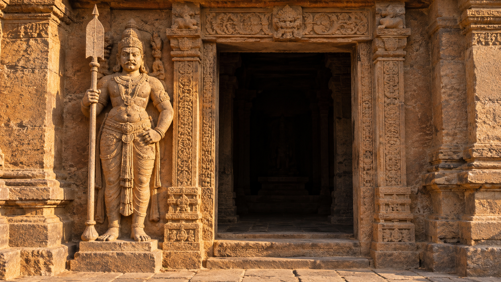 A weathered sandstone doorway guardian holds an upright long-shafted weapon topped by a broad flat blade.