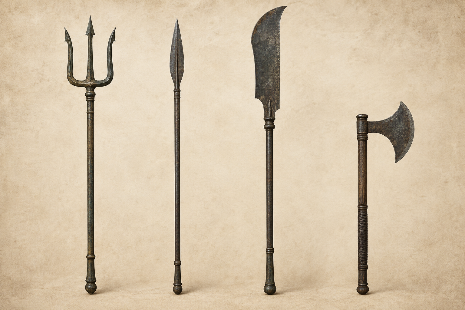 Four weapon forms are shown side by side: a trident, a narrow spear, a broad-bladed pole weapon, and an axe.