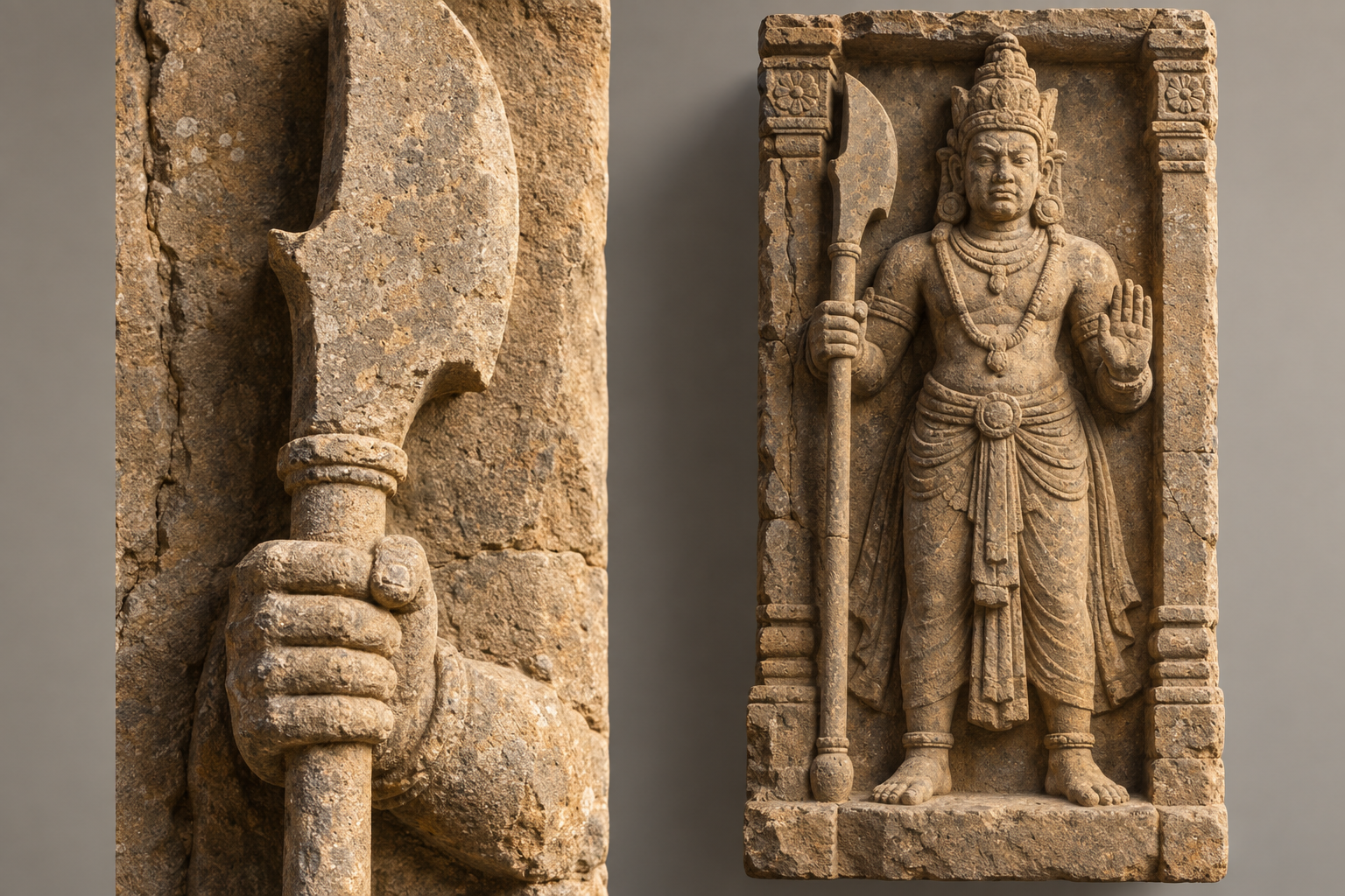 A close view of a carved hand and blade is paired with a wider view of the complete doorway guardian holding the same pole weapon.