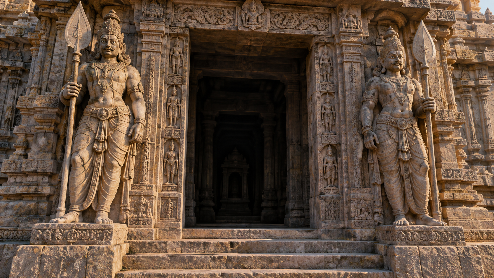 Two carved guardians flank a temple doorway, with the nearer figure holding a broad-bladed pole weapon upright.
