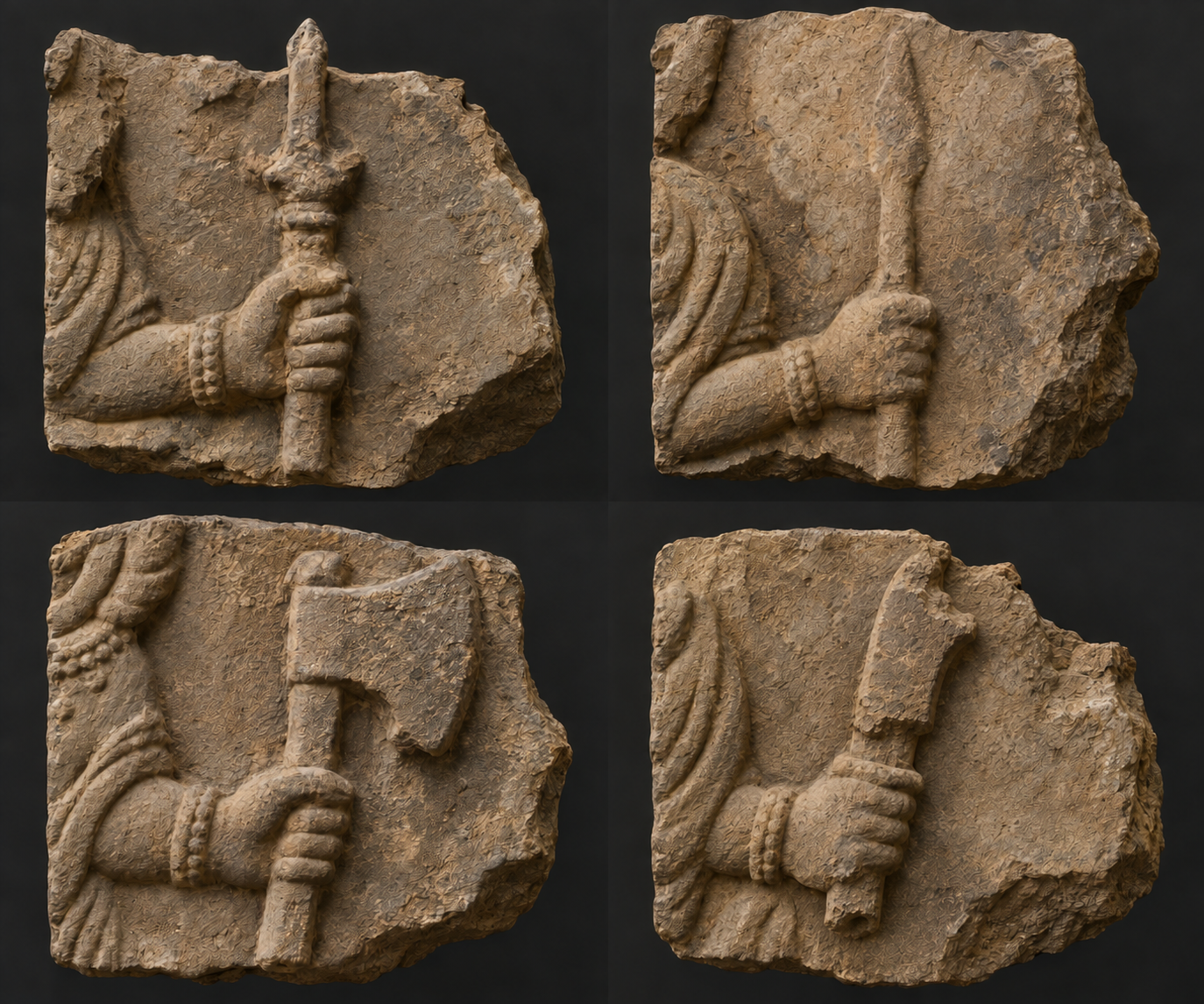 Four weathered relief details show a damaged trident, a worn spear, a foreshortened axe, and a broken broad-bladed pole weapon.