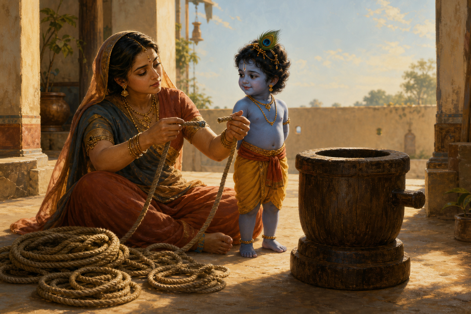 Yashoda sits beside child Krishna and a wooden mortar, holding rope ends that do not meet while additional rope lies on the courtyard floor.