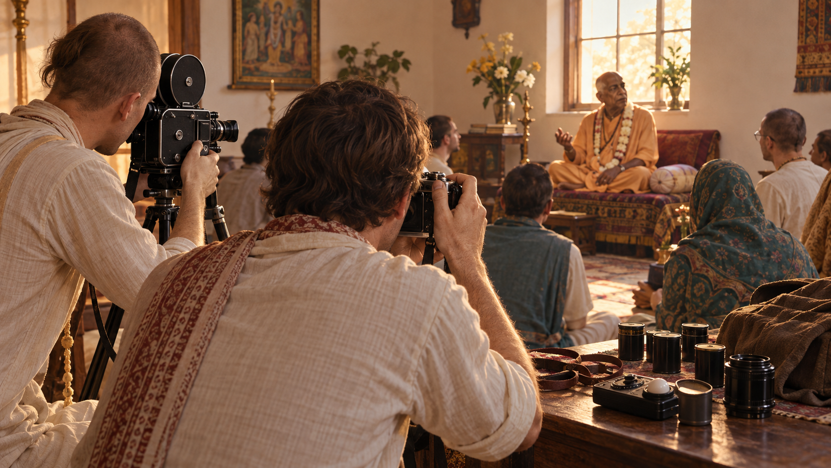 Two devotee image-makers photograph and film an elderly Vaishnava teacher speaking to a gathering in a softly lit temple room.