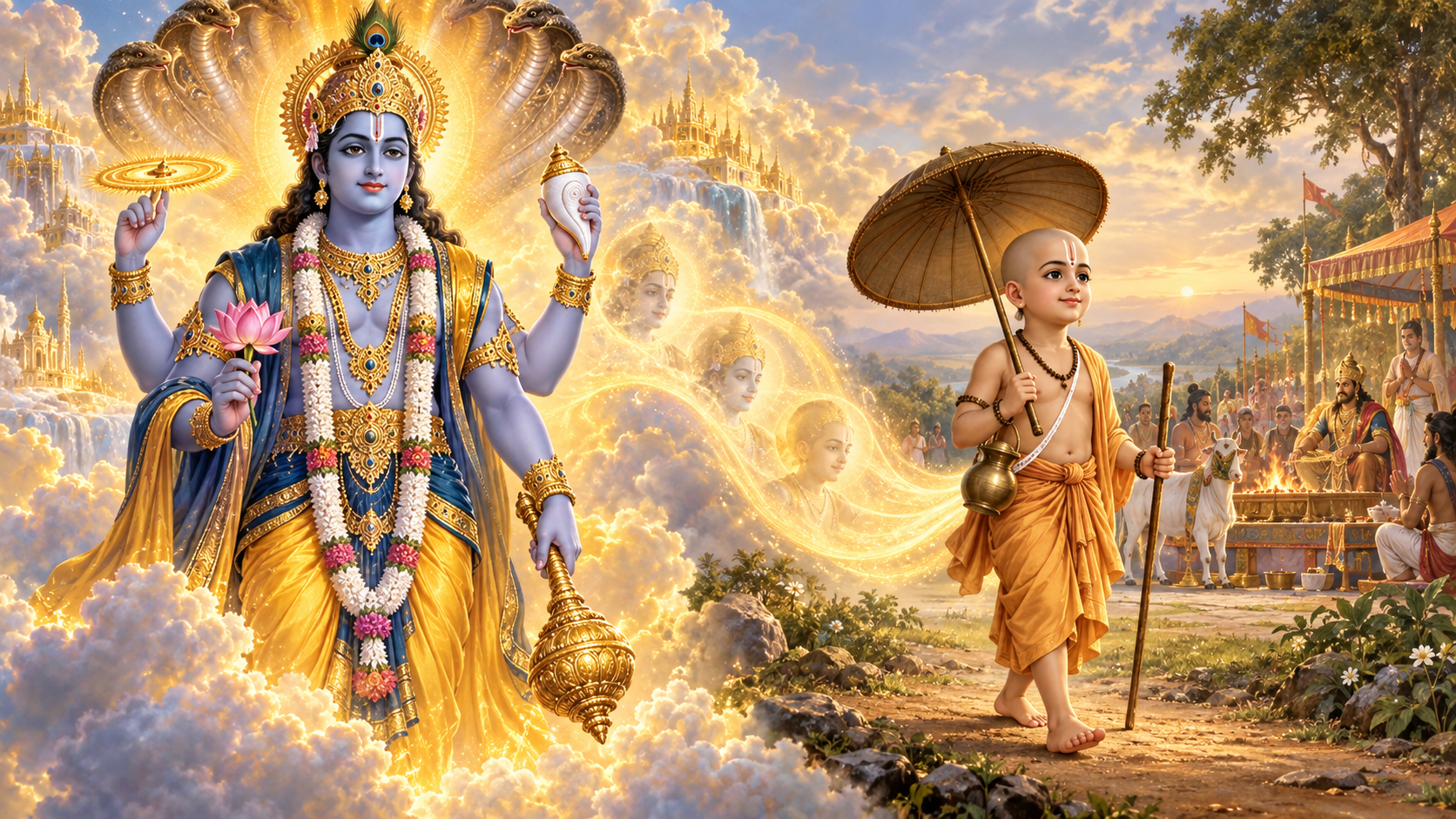 Lord Vishnu in a radiant four-armed form transitions within the scene into the small brahmana form of Lord Vamana carrying a parasol and water pot.