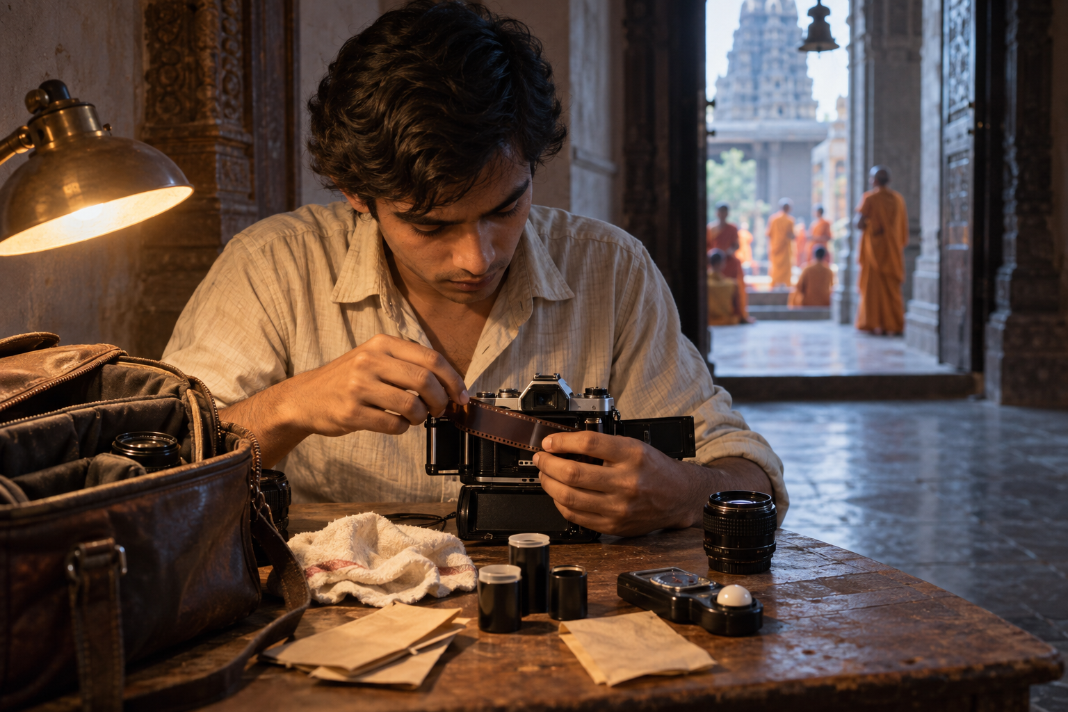 An anonymous photographer loads film into a manual camera at a worktable near a temple corridor.
