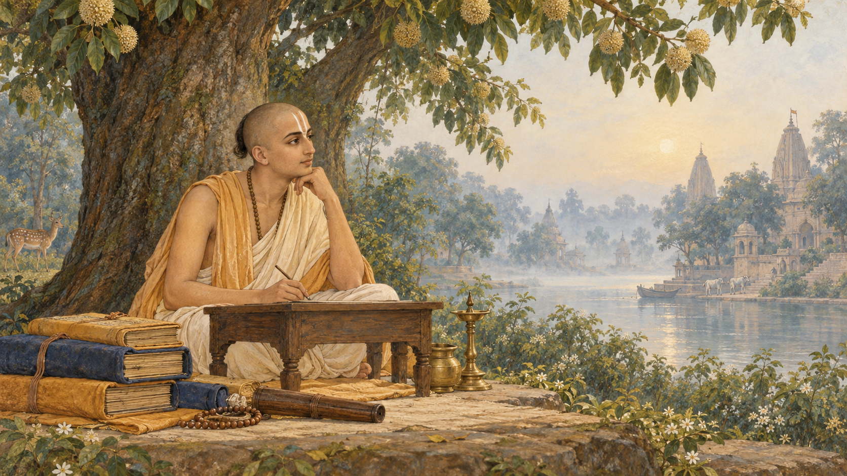 Editorial illustration of Sri Jiva Goswami seated beneath a tree with wrapped manuscript folios, prayer beads, and a quiet Vrindavan landscape behind him.