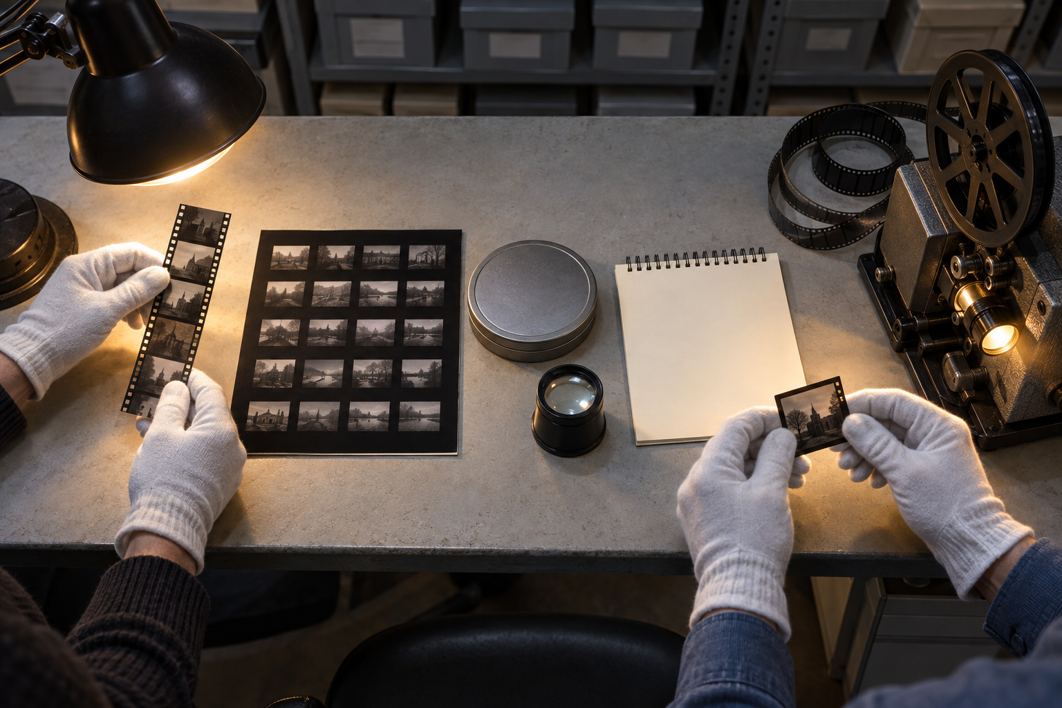 Gloved researchers compare negatives, a contact sheet, film materials, a loupe, and a projector on an archival table.
